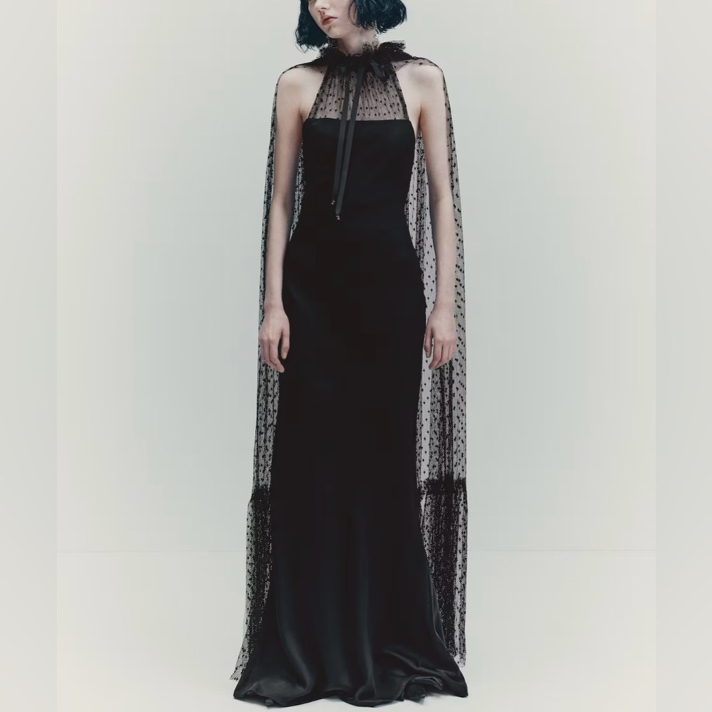 Sz S H&M Studio collection 2025 Long Black Dress with Detachable Mesh Cape. NWT